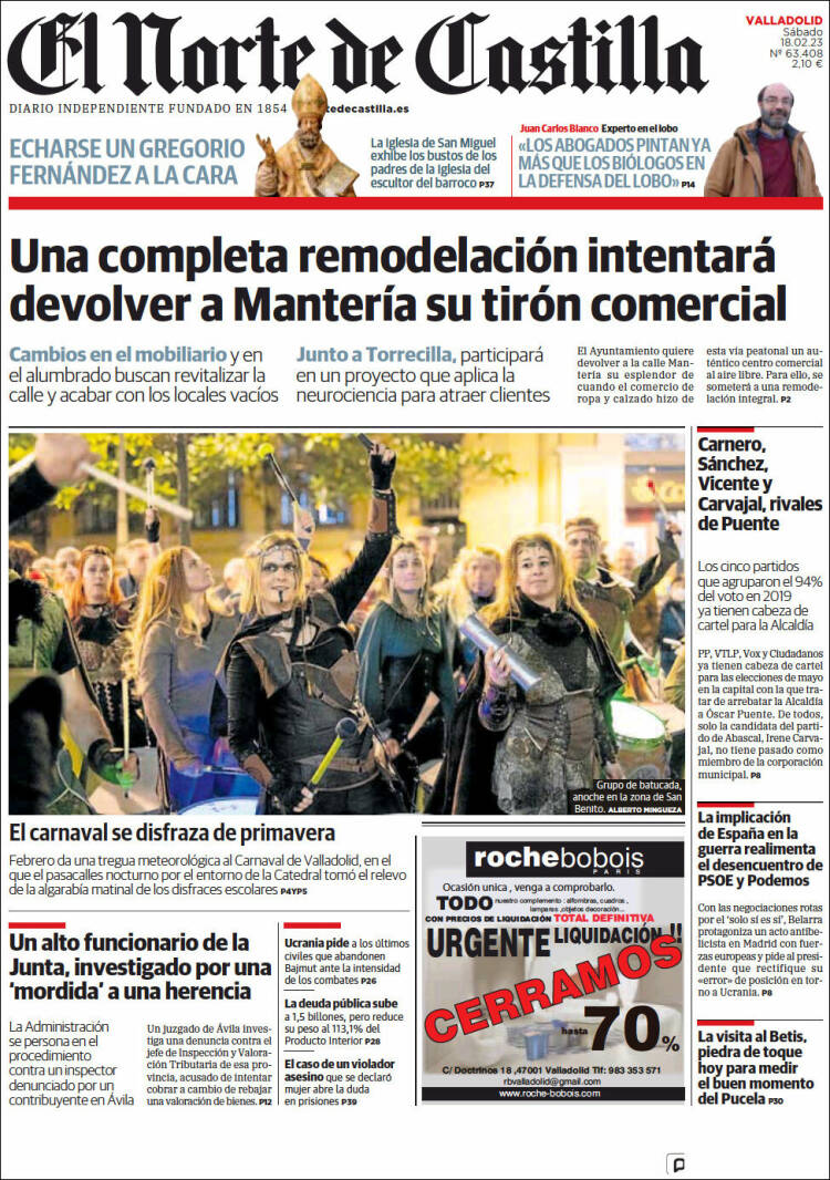 Newspaper Norte de Castilla - Valladolid (Spain). Newspapers in Spain.  Saturday's edition, February 18 of 2023. Kiosko.net