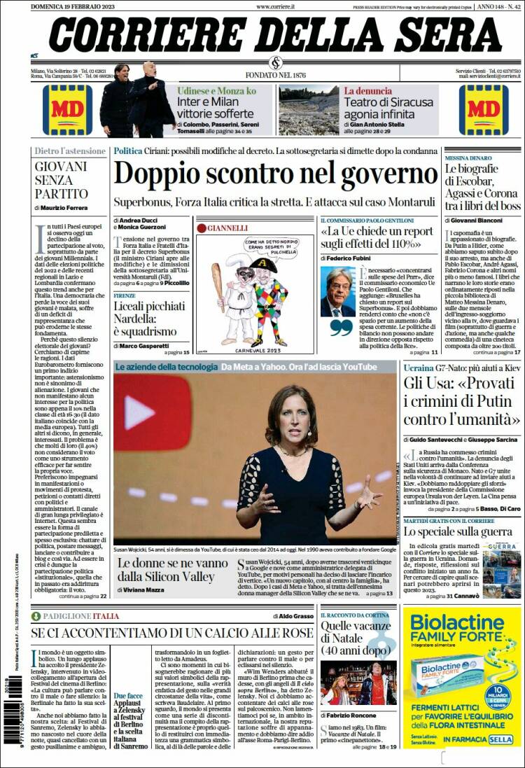 Portada de Corriere della Sera (Italia)