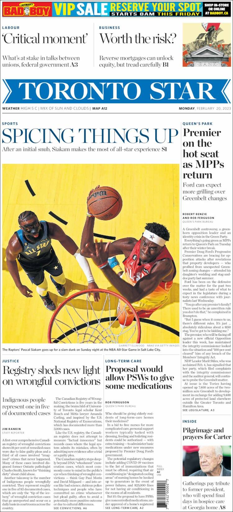 Portada de The Toronto Star (Canada)