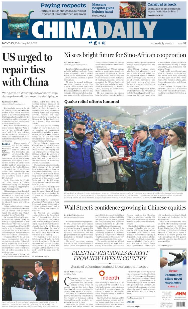 Portada de China Daily (China)