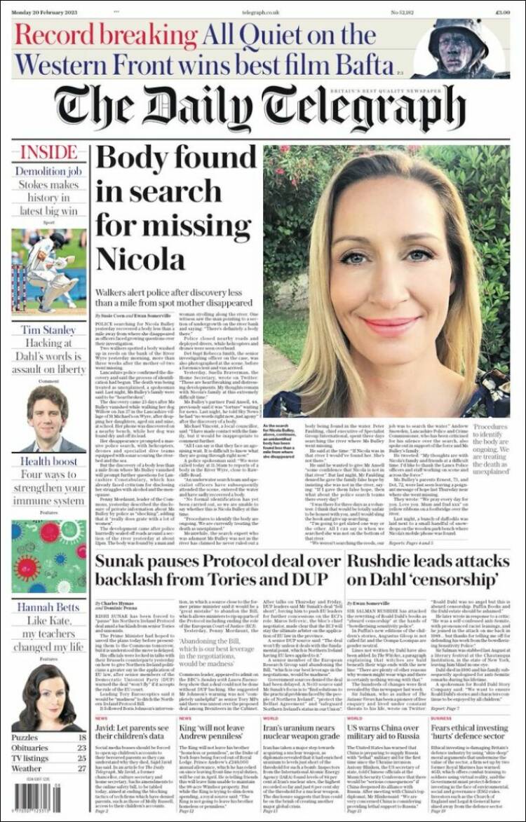 Portada de Daily Telegraph (Reino Unido)