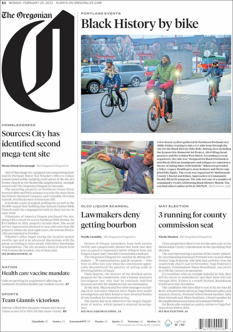 Portada de The Oregonian (USA)