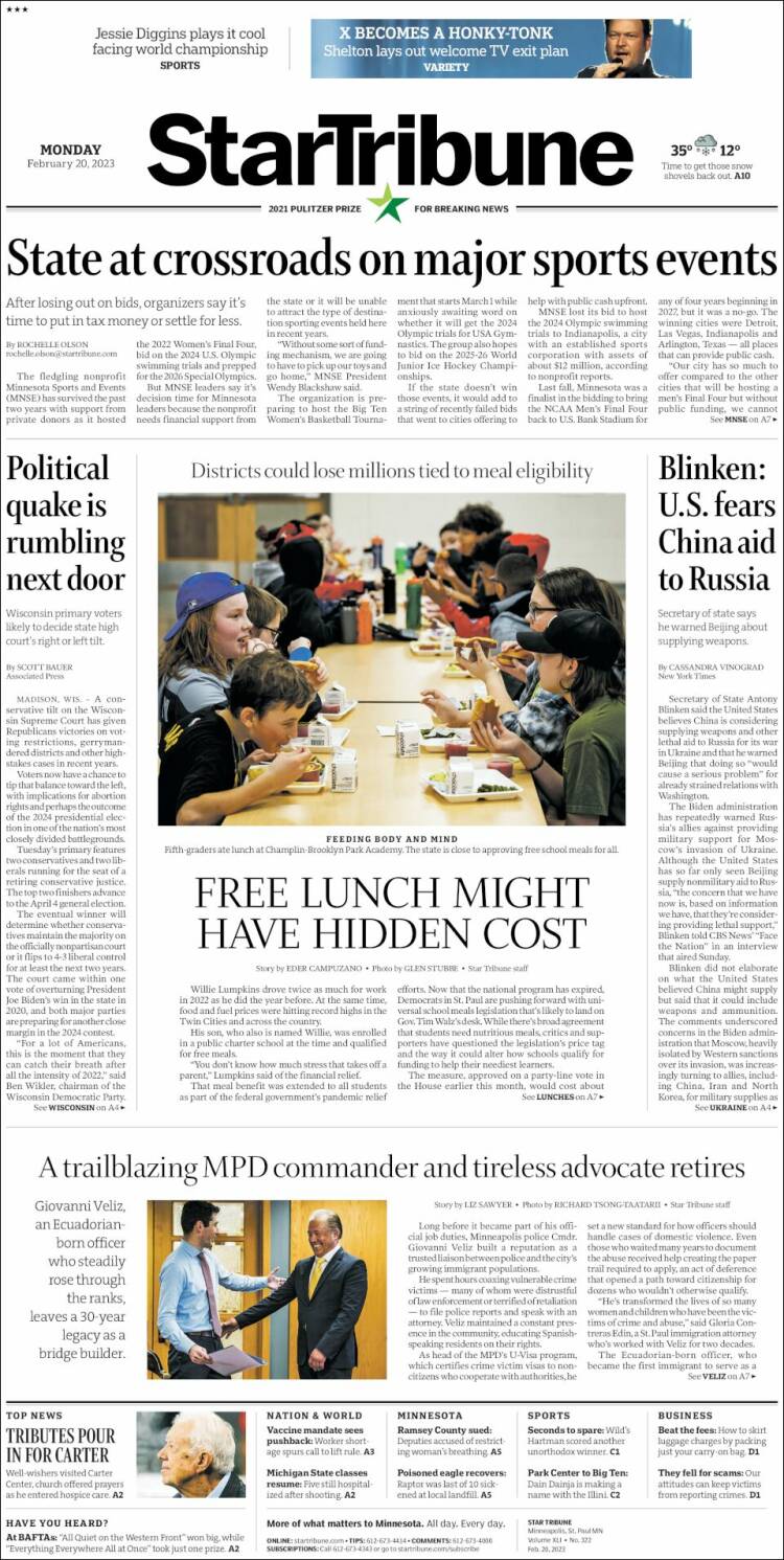 Portada de Star Tribune (USA)