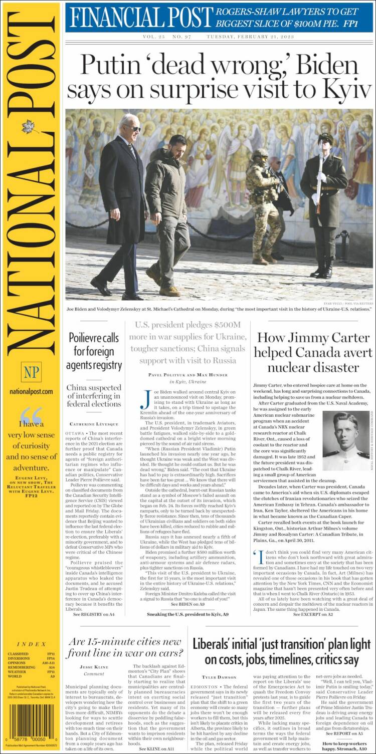 Portada de The National Post (Canadá)