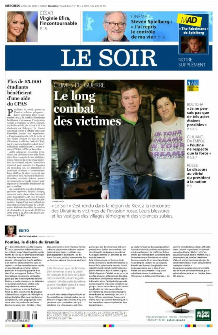 Portada de Le Soir (B&eacute;lgica)
