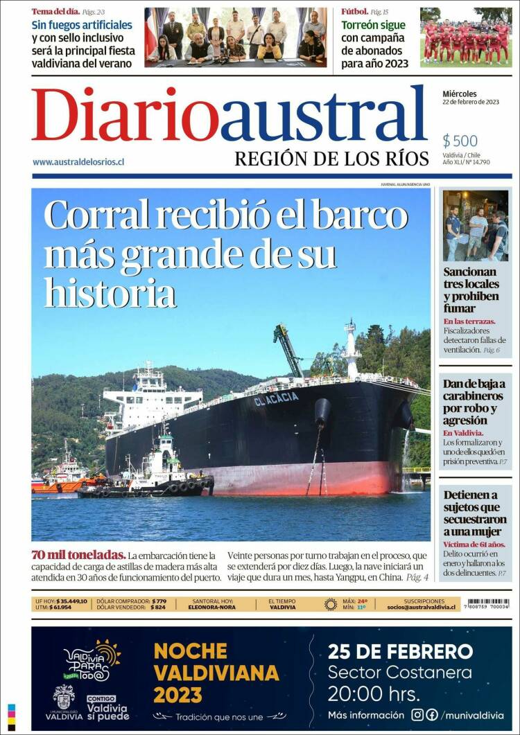 Portada de El Diario Austral de Valdivia (Chile)