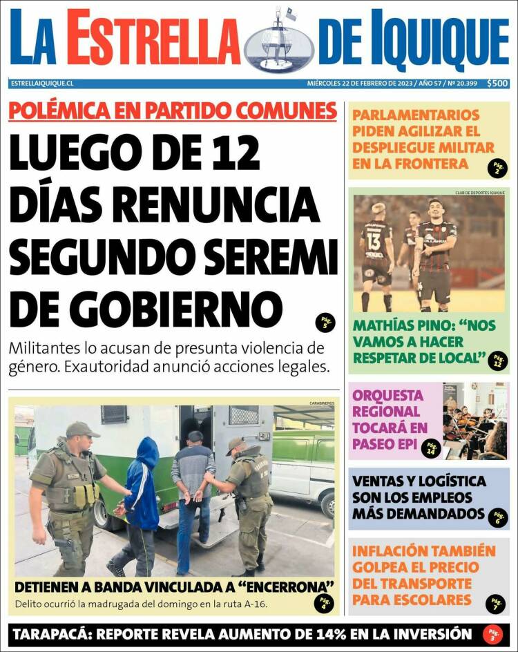 Portada de La Estrella de Iquique (Chile)
