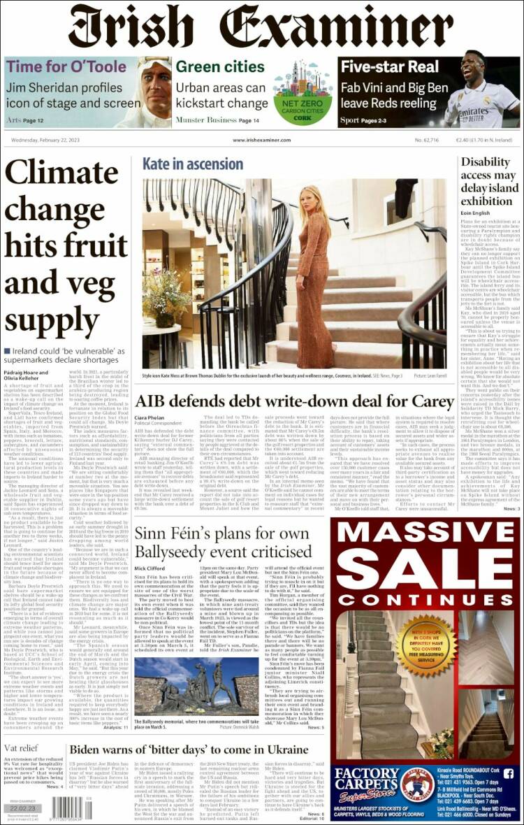 Portada de Irish Examiner (Irlanda)