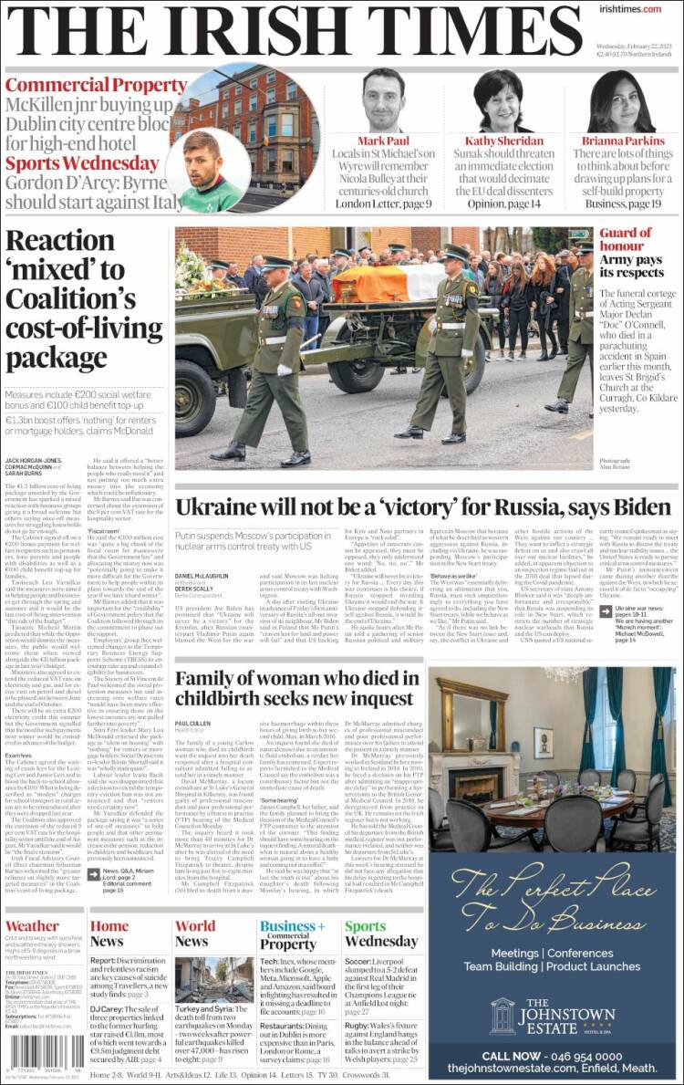 Portada de Irish Times (Irlanda)