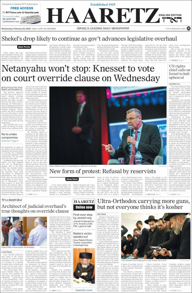 Portada de Haaretz (Israel)