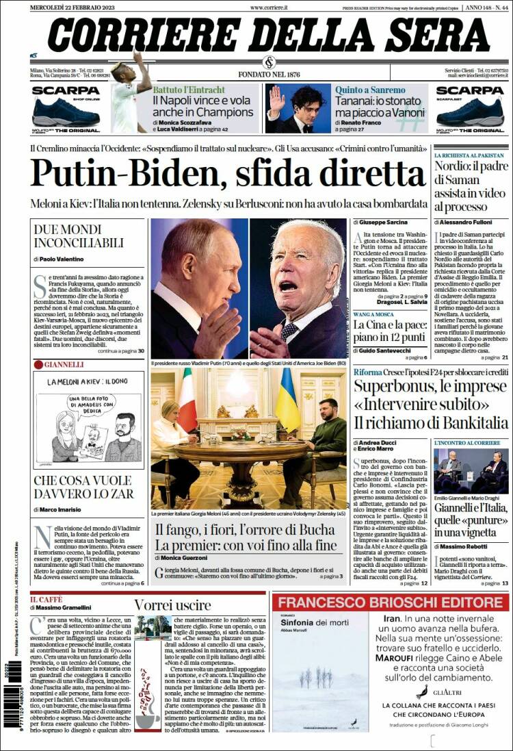 Portada de Corriere della Sera (Italia)