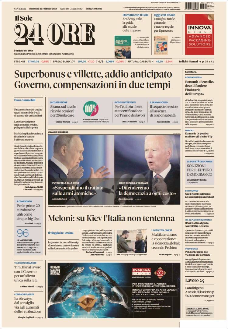 Portada de Il Sole 24 ORE (Italia)