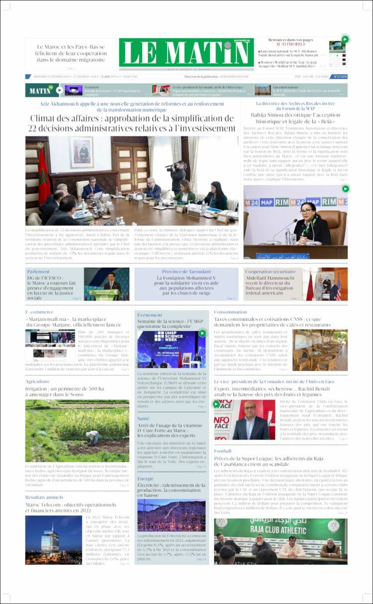 Portada de Le Matin (Marruecos)