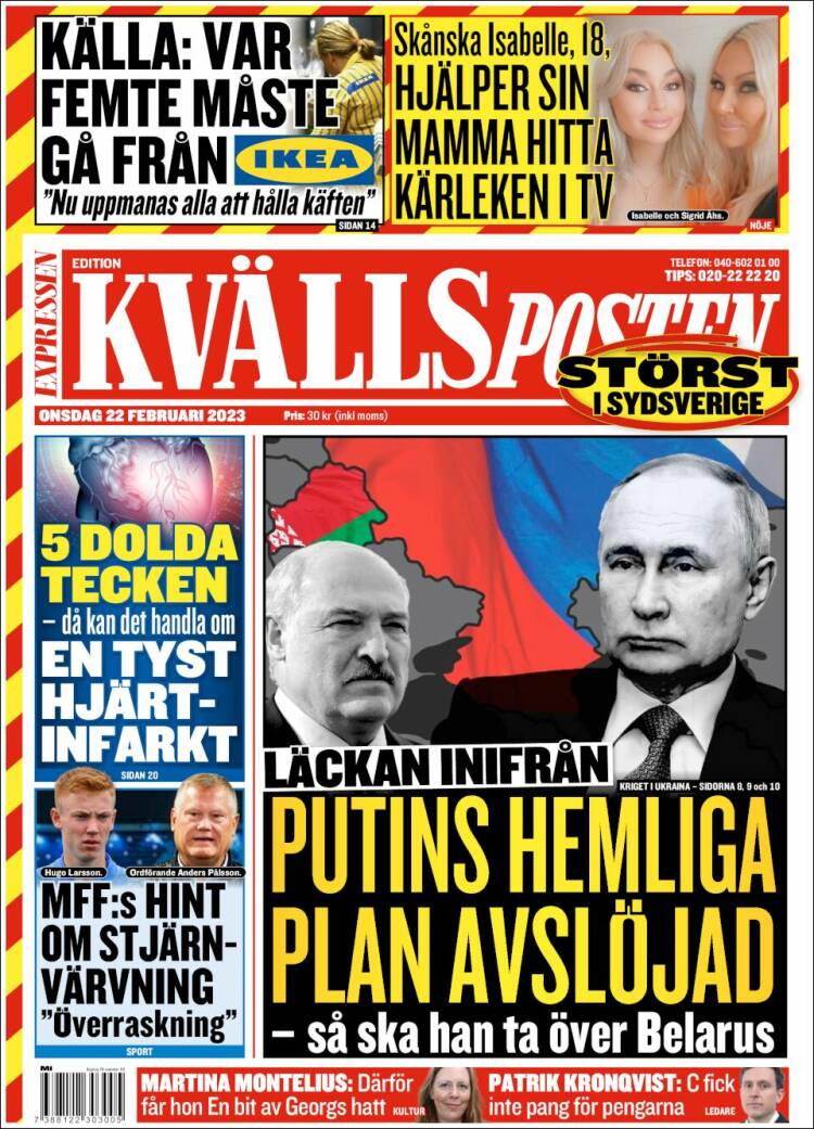 Portada de Kvällsposten (Suecia)