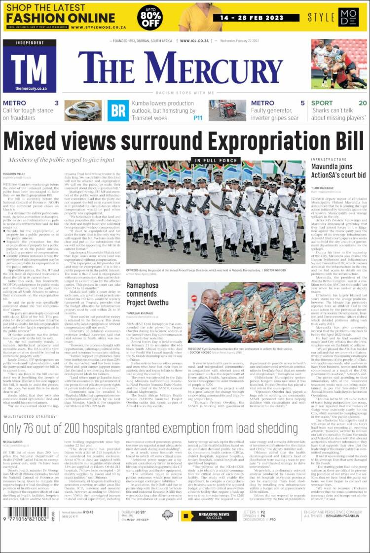 Portada de The Mercury (Sud&aacute;frica)