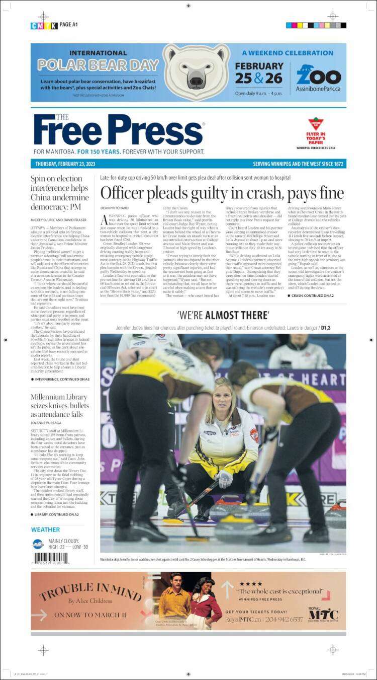 Portada de Winnipeg Free Press (Canada)