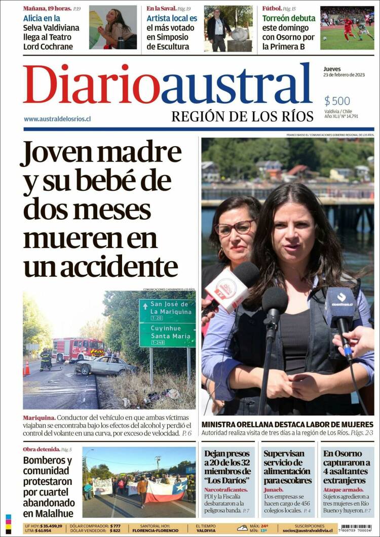 Portada de El Diario Austral de Valdivia (Chile)
