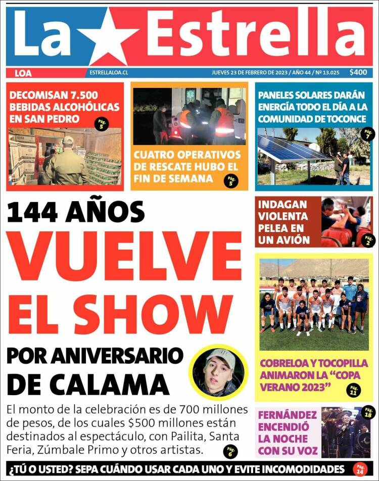 Portada de La Estrella de Loa (Chile)
