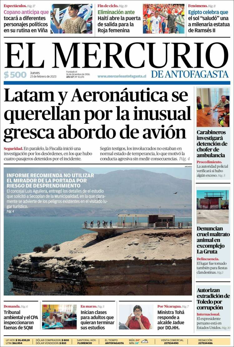 Portada de El Mercurio de Antofagasta (Chile)