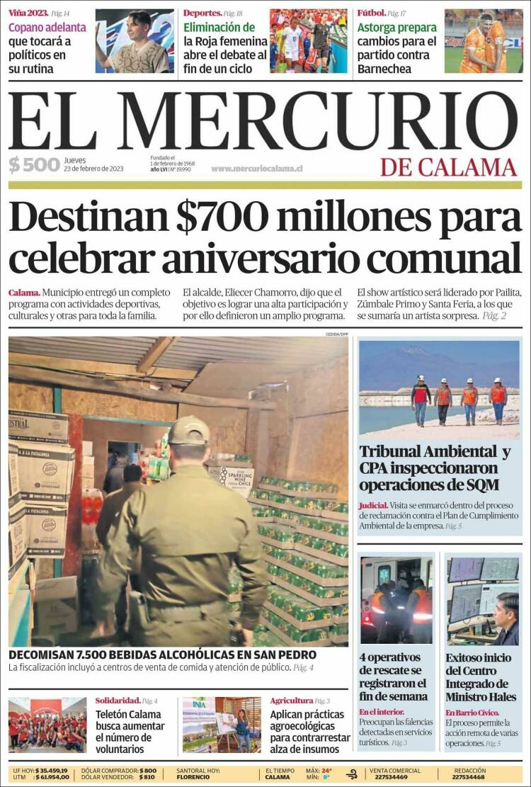 Portada de El Mercurio - Calama (Chile)