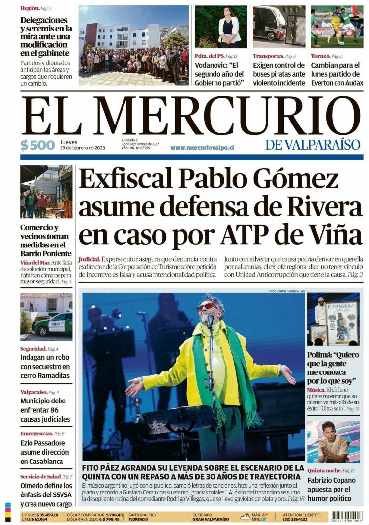 Portada de Mercurio de Valparaiso (Chile)
