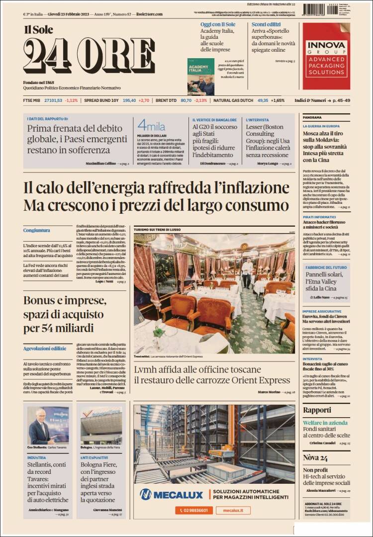 Portada de Il Sole 24 ORE (Italie)