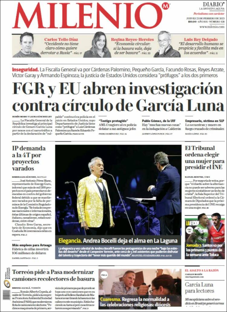 Portada de Milenio - Laguna (Mexique)