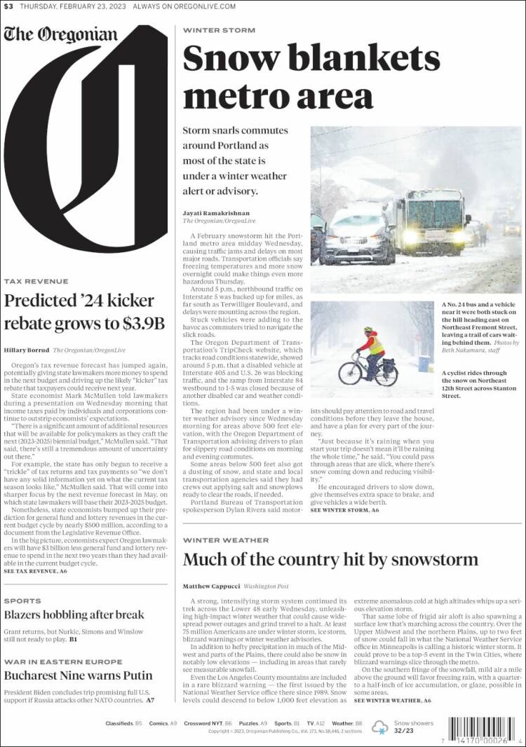 Portada de The Oregonian (États-Unis)