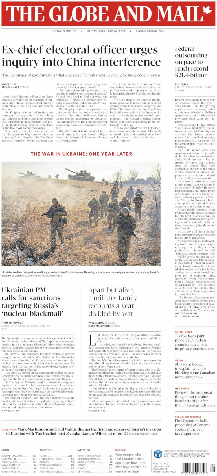 Portada de The Globe and Mail (Canadá)