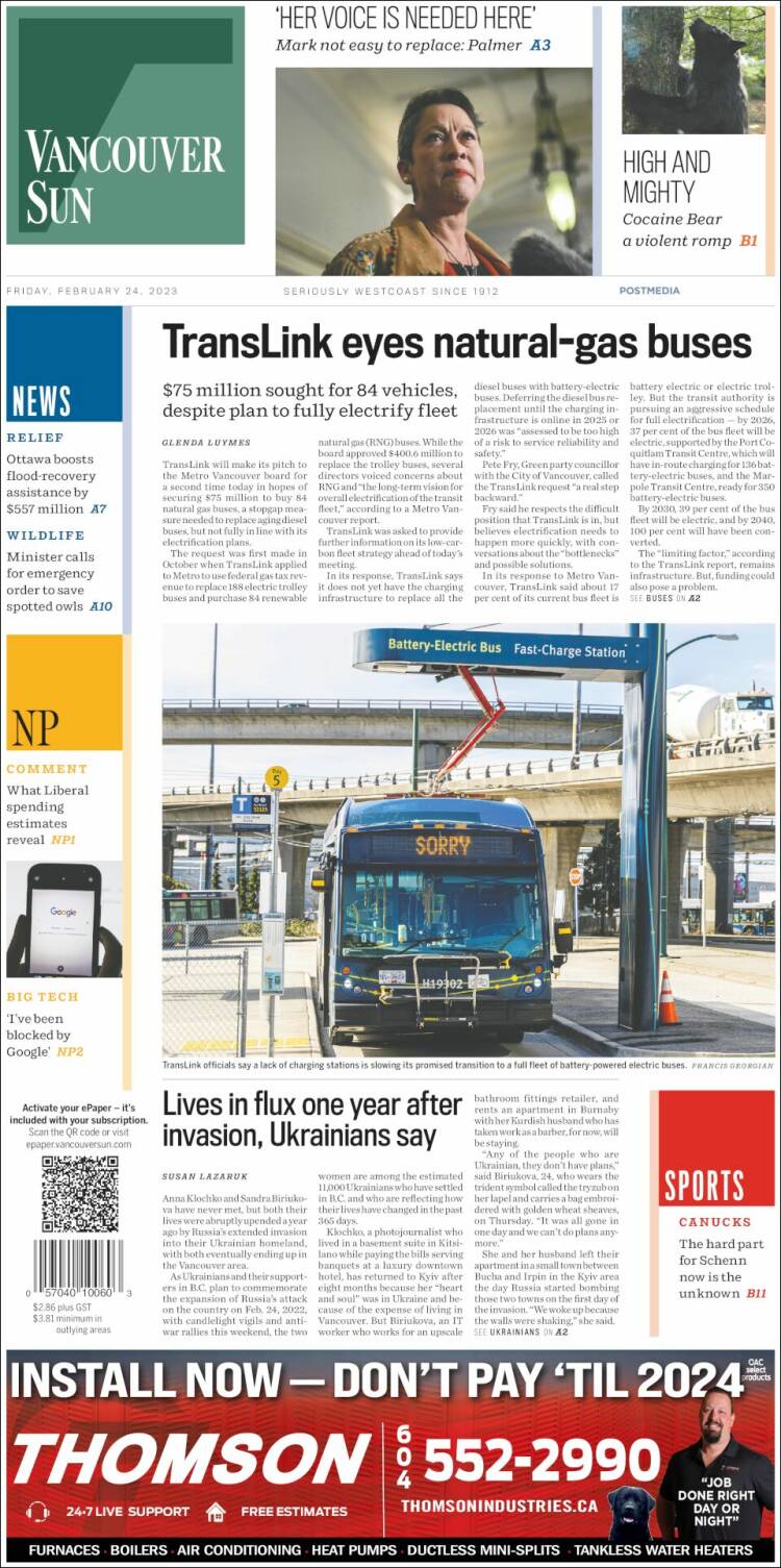 Portada de The Vancouver Sun (Canada)