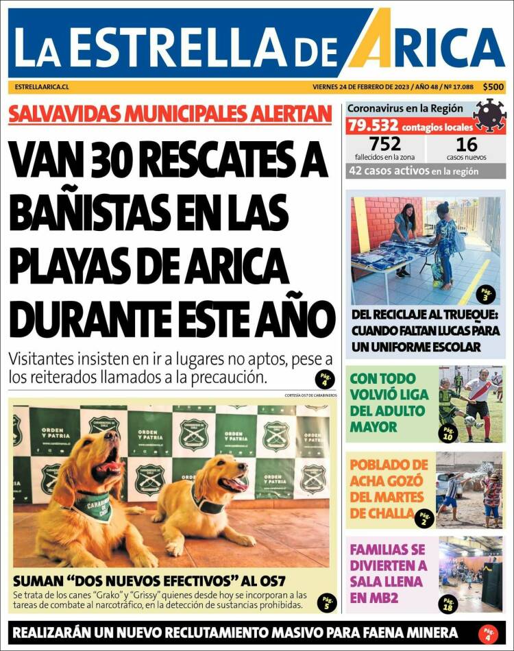 Portada de La Estrella de Arica (Chile)