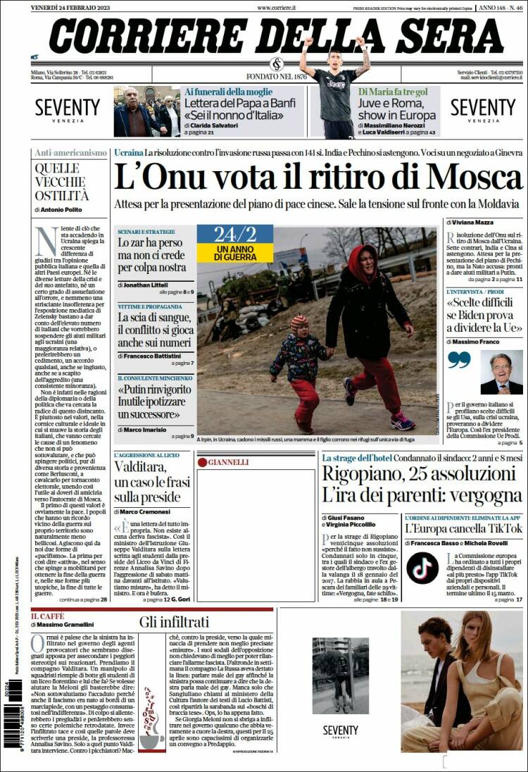 Portada de Corriere della Sera (Italia)