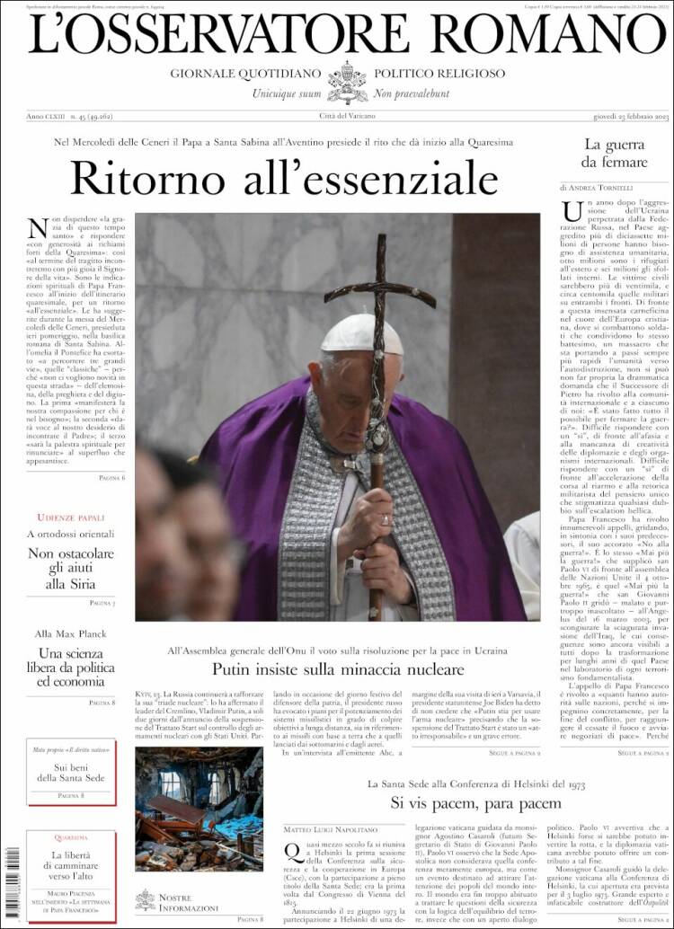 Portada de L'Osservatore Romano (Italia)