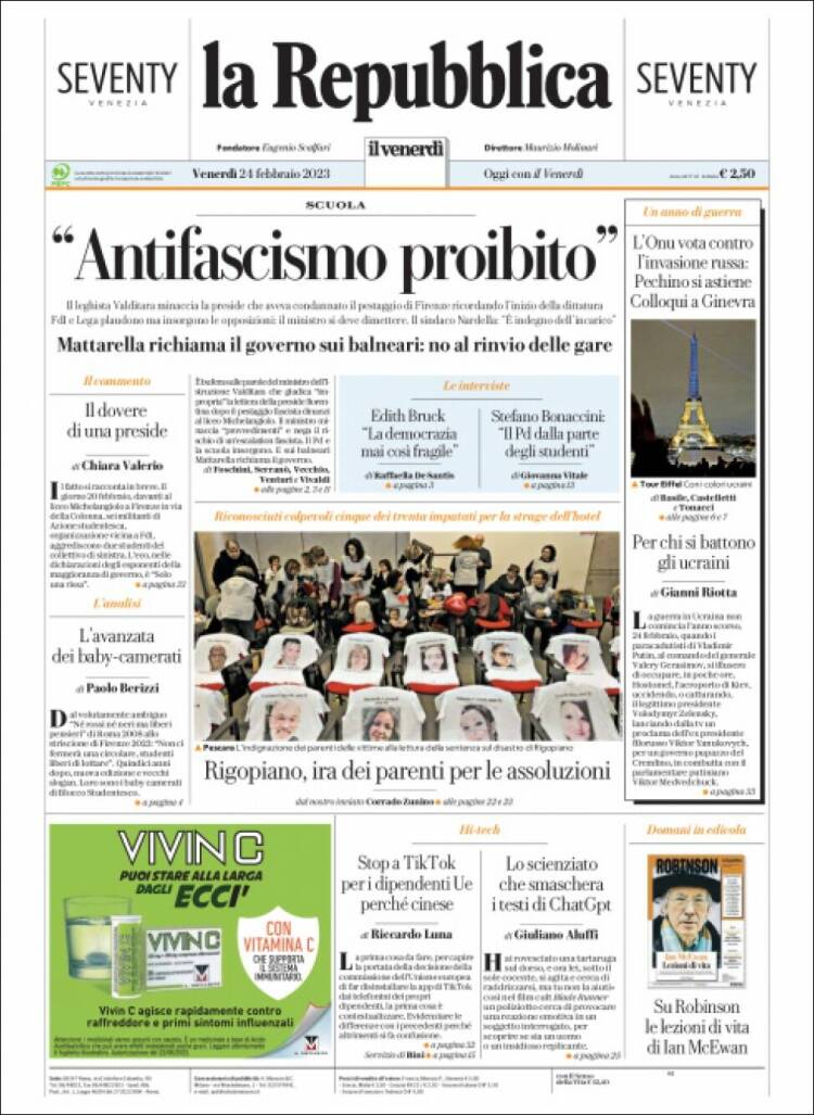 Portada de La Repubblica (Italia)