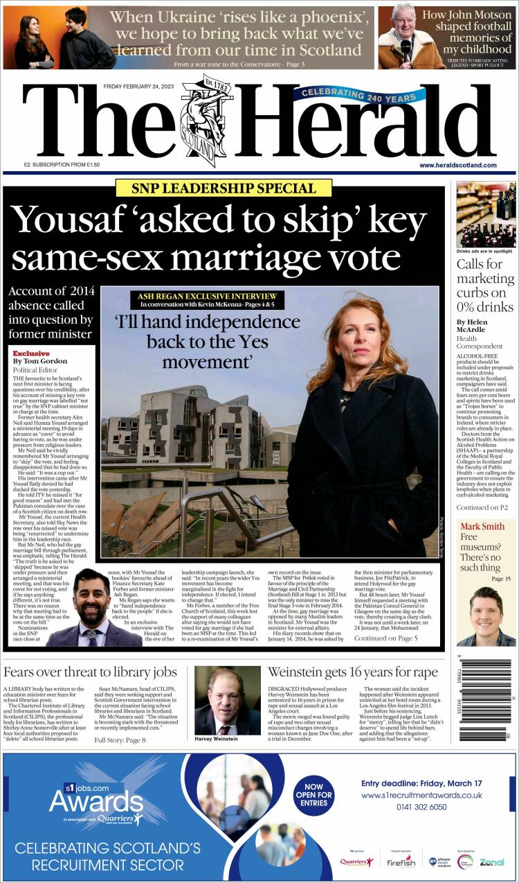 Portada de The Herald (Reino Unido)