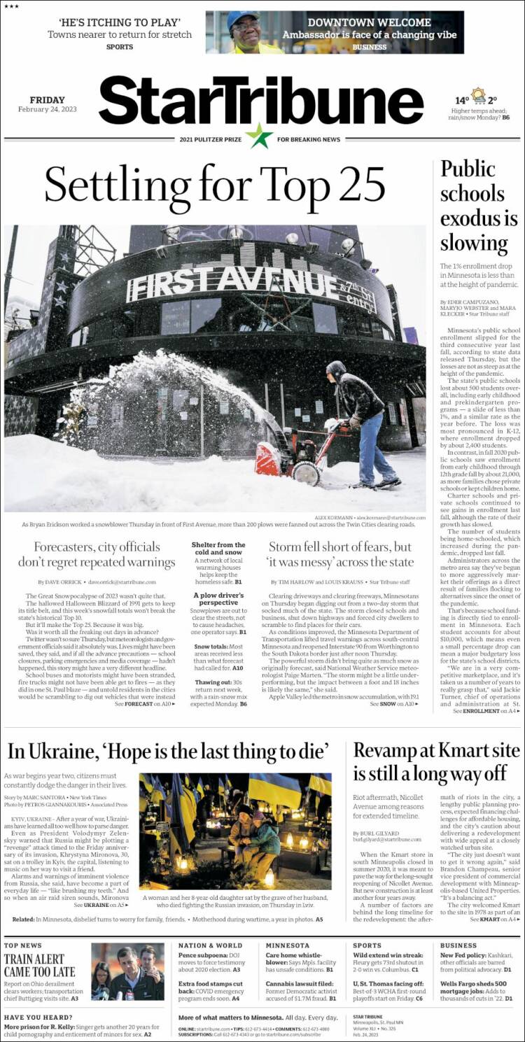 Portada de Star Tribune (USA)