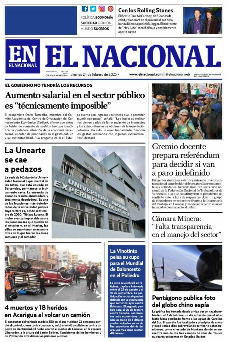 Portada de El Nacional (Venezuela)