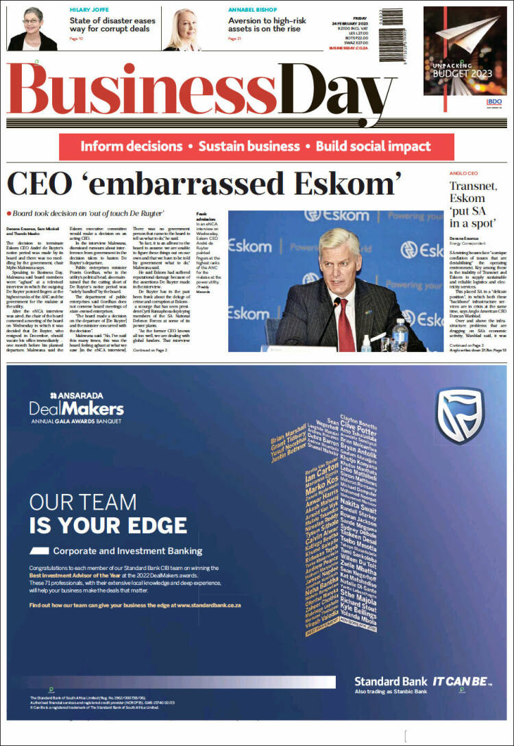 Portada de Business Day (Sud&aacute;frica)