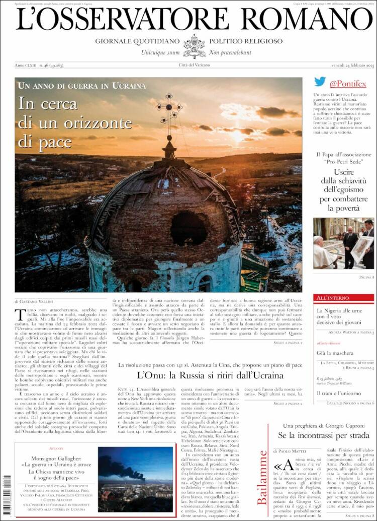 Portada de L'Osservatore Romano (Italia)