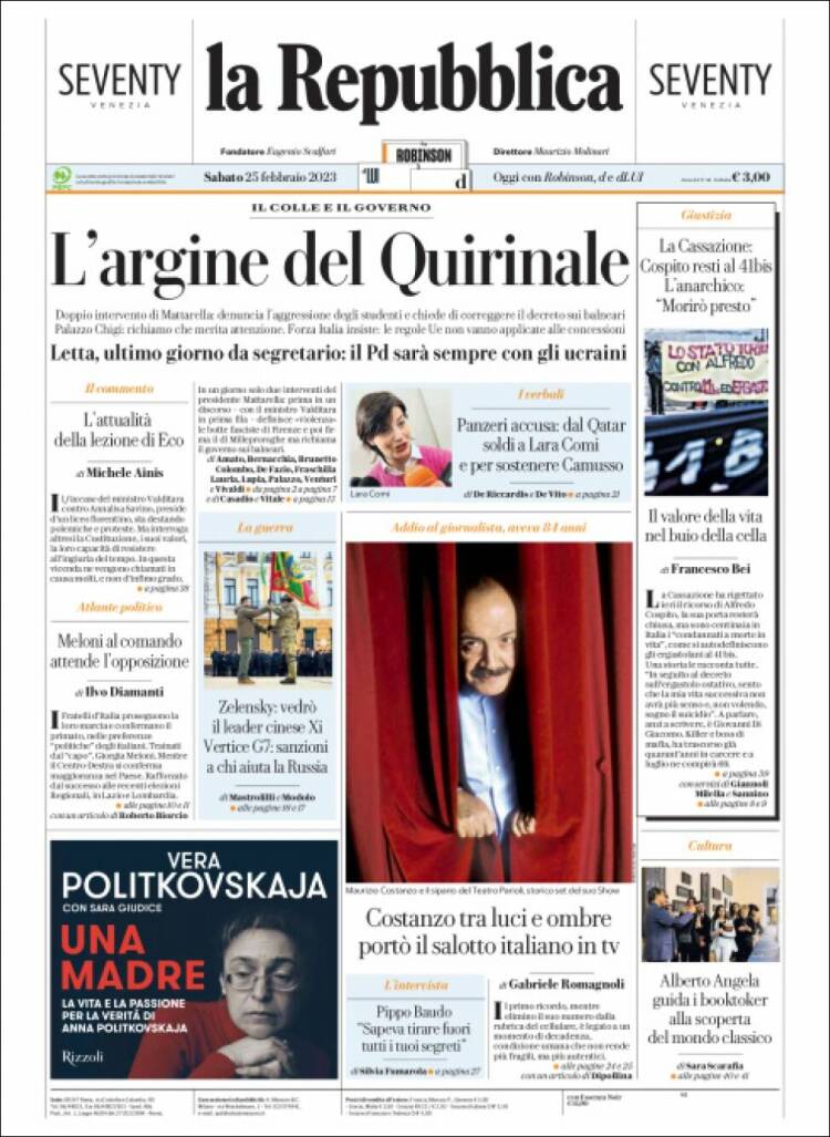 Portada de La Repubblica (Italia)