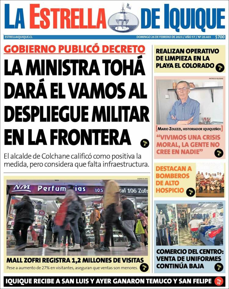 Portada de La Estrella de Iquique (Chile)