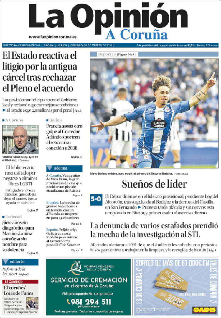 Portada de La Opinión de A Coruña (Espagne)