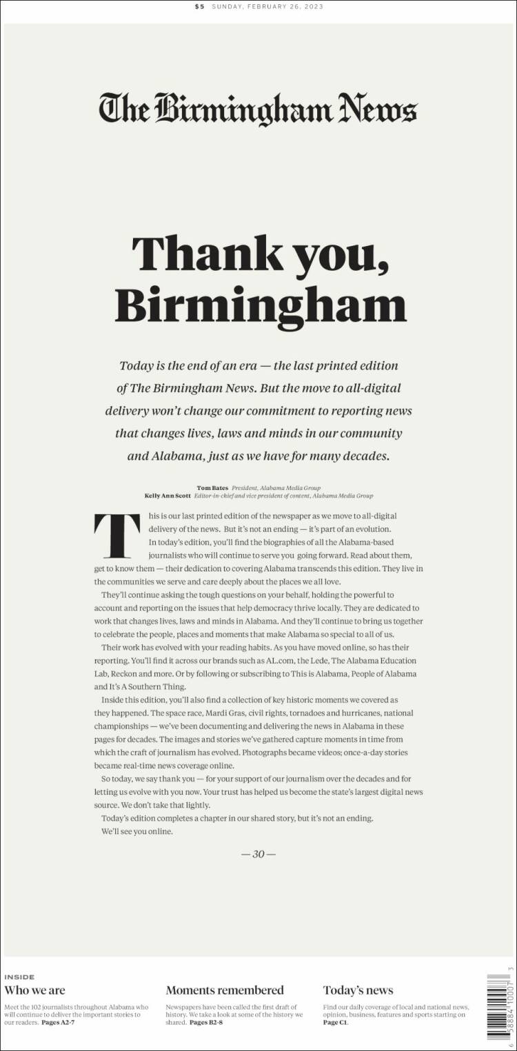 Portada de Birmingham News (États-Unis)
