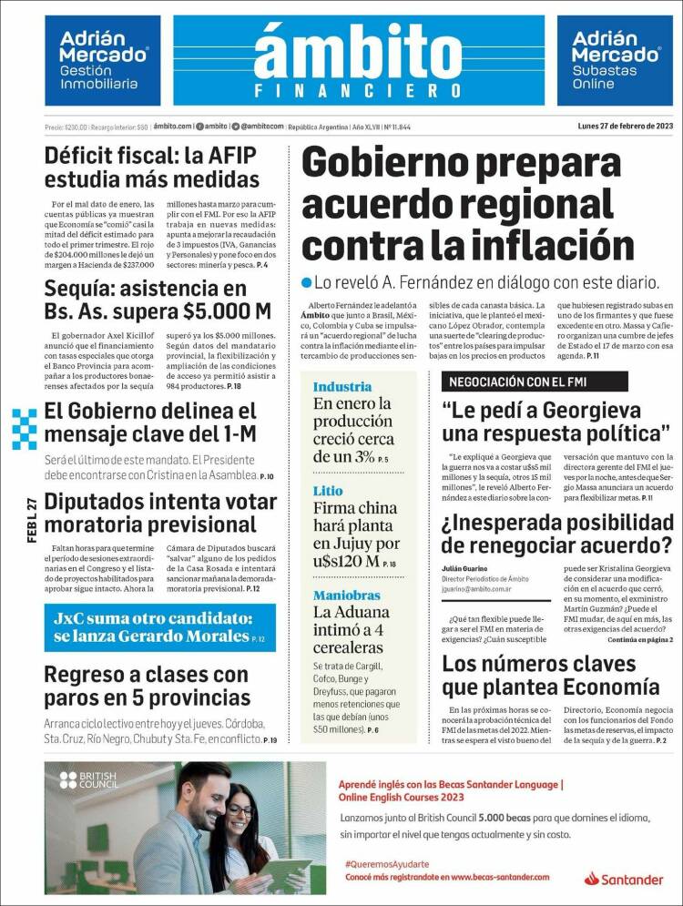 Portada de Diario Ambito Financiero (Argentina)