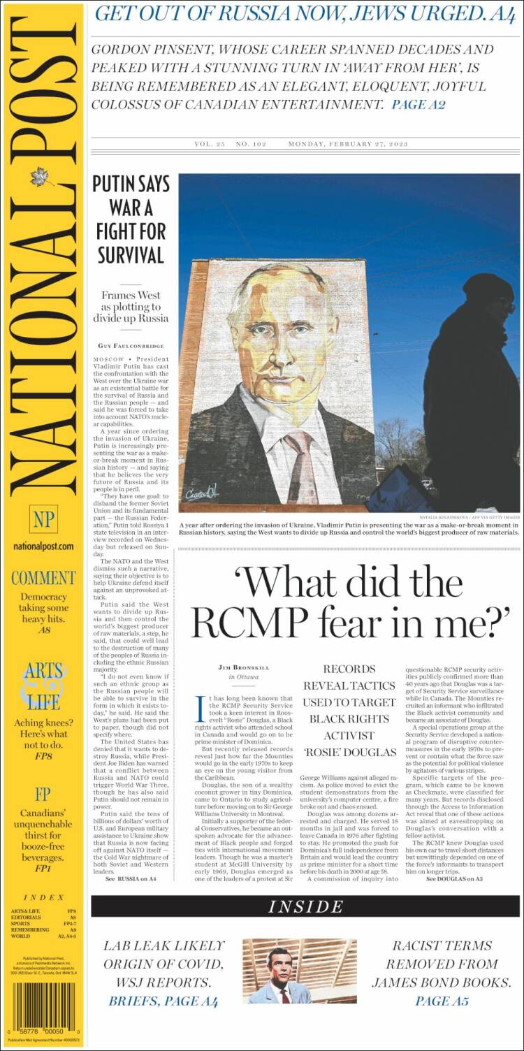 Portada de The National Post (Canada)