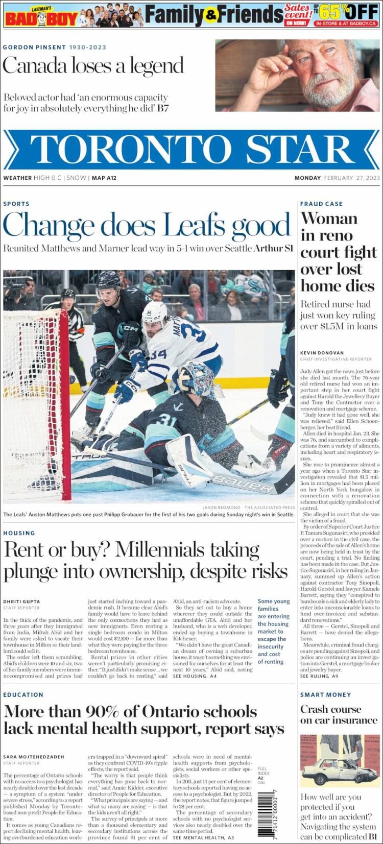 Portada de The Toronto Star (Canadá)