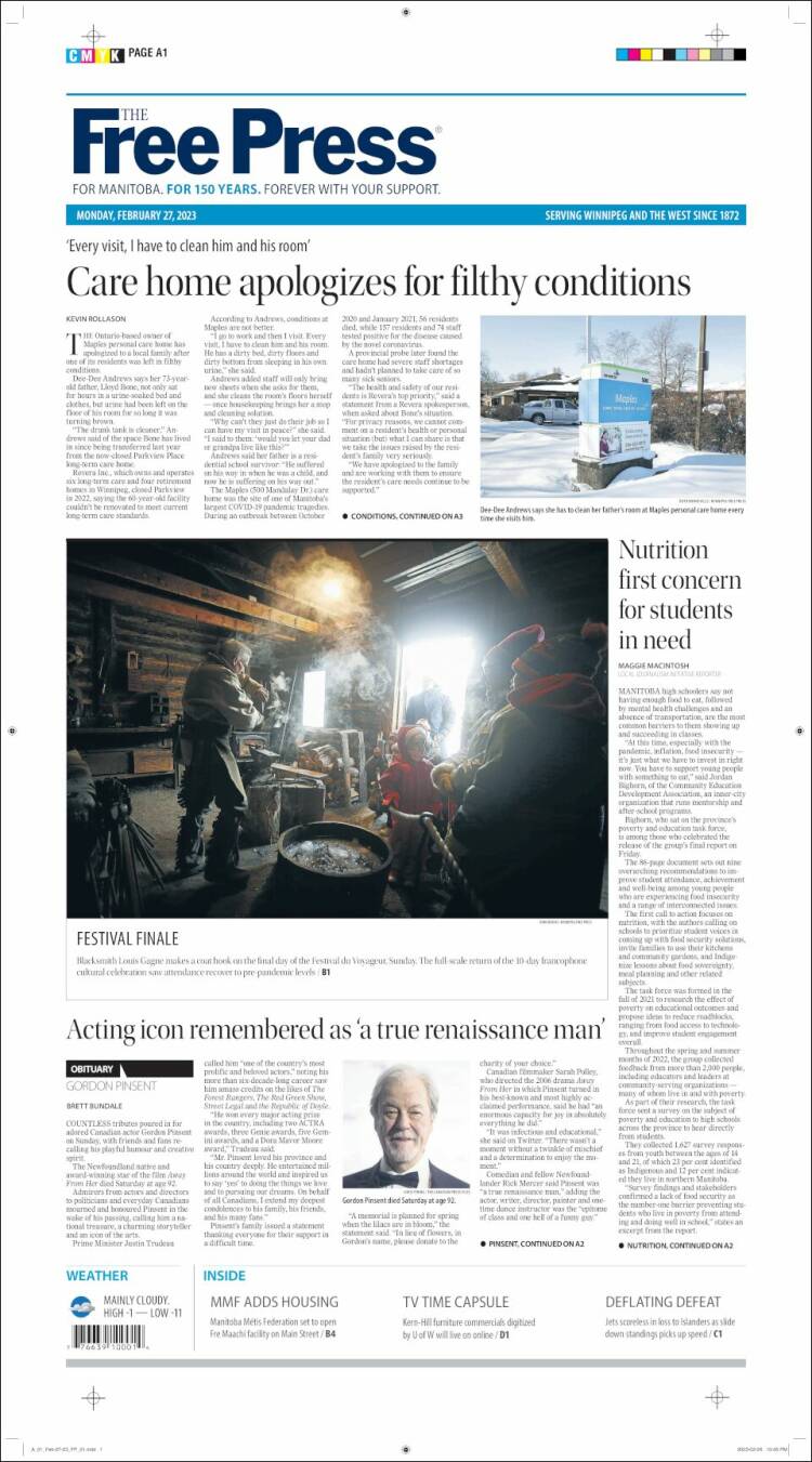 Portada de Winnipeg Free Press (Canada)