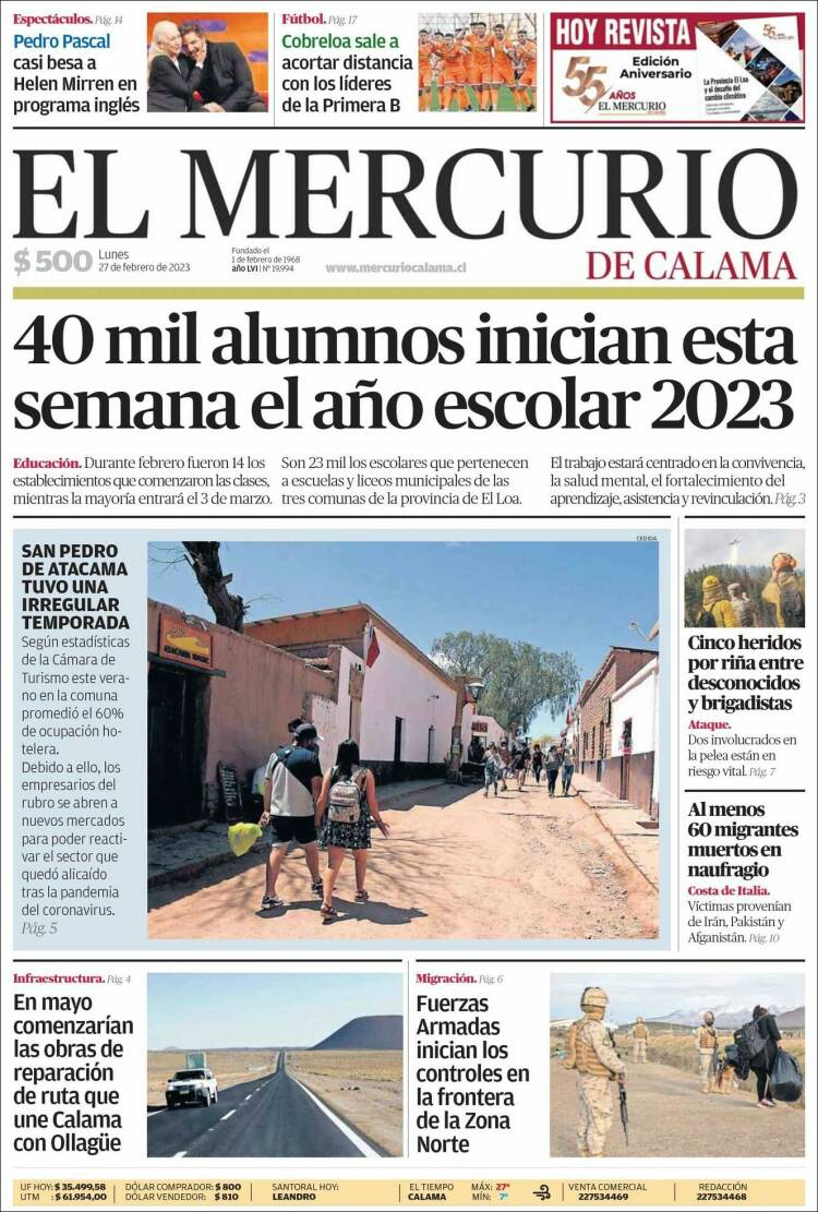 Portada de El Mercurio - Calama (Chile)