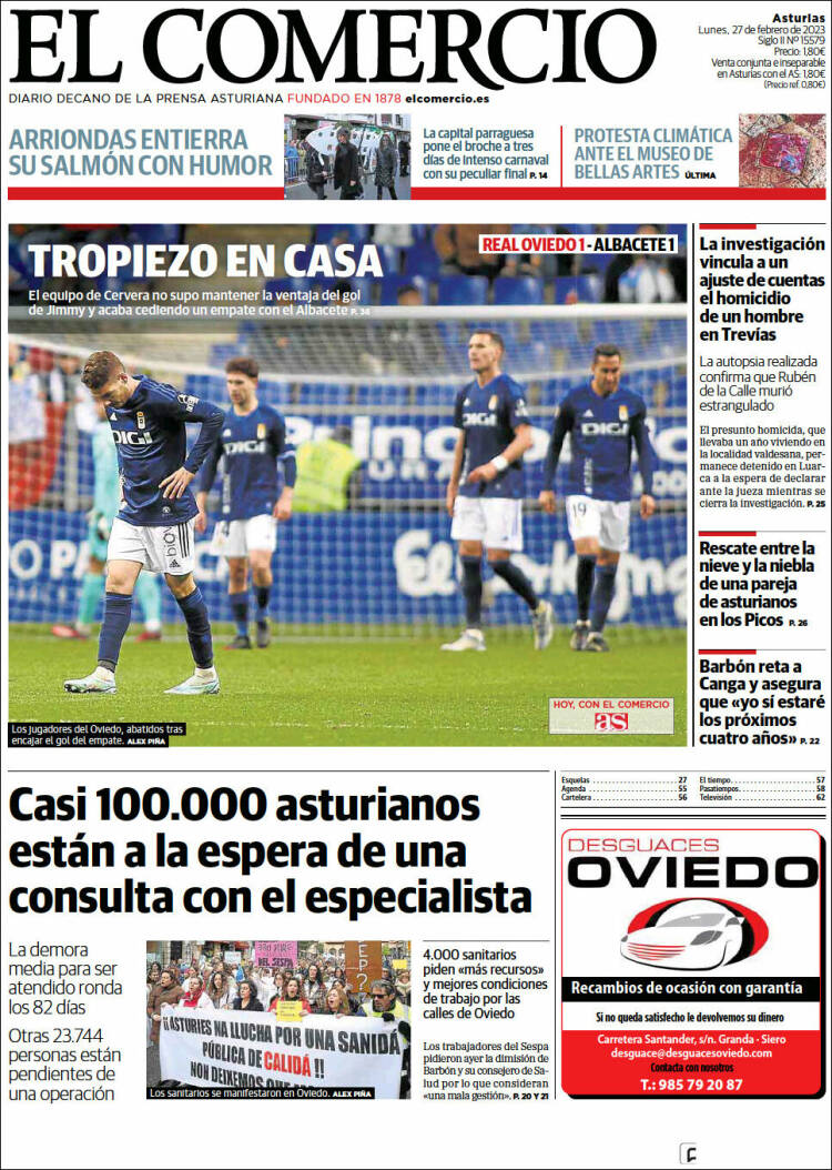 Portada de El Comercio (Espagne)