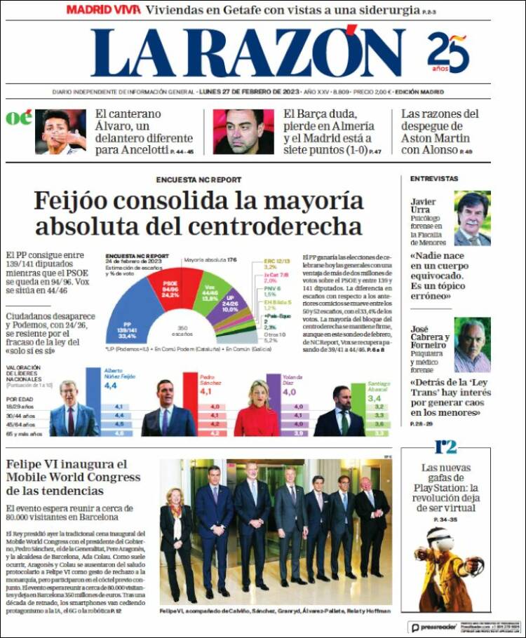 Portada de La Razón (Espagne)